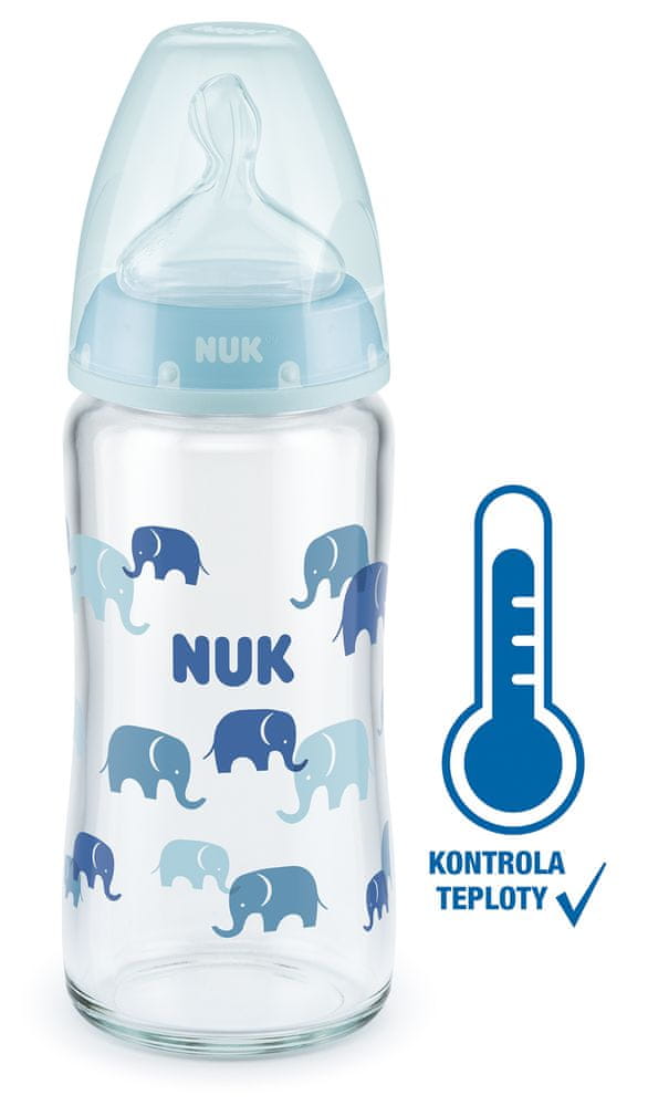 Nuk FC+ fľaša sklo s kontrolou kvality 240 ml modrá